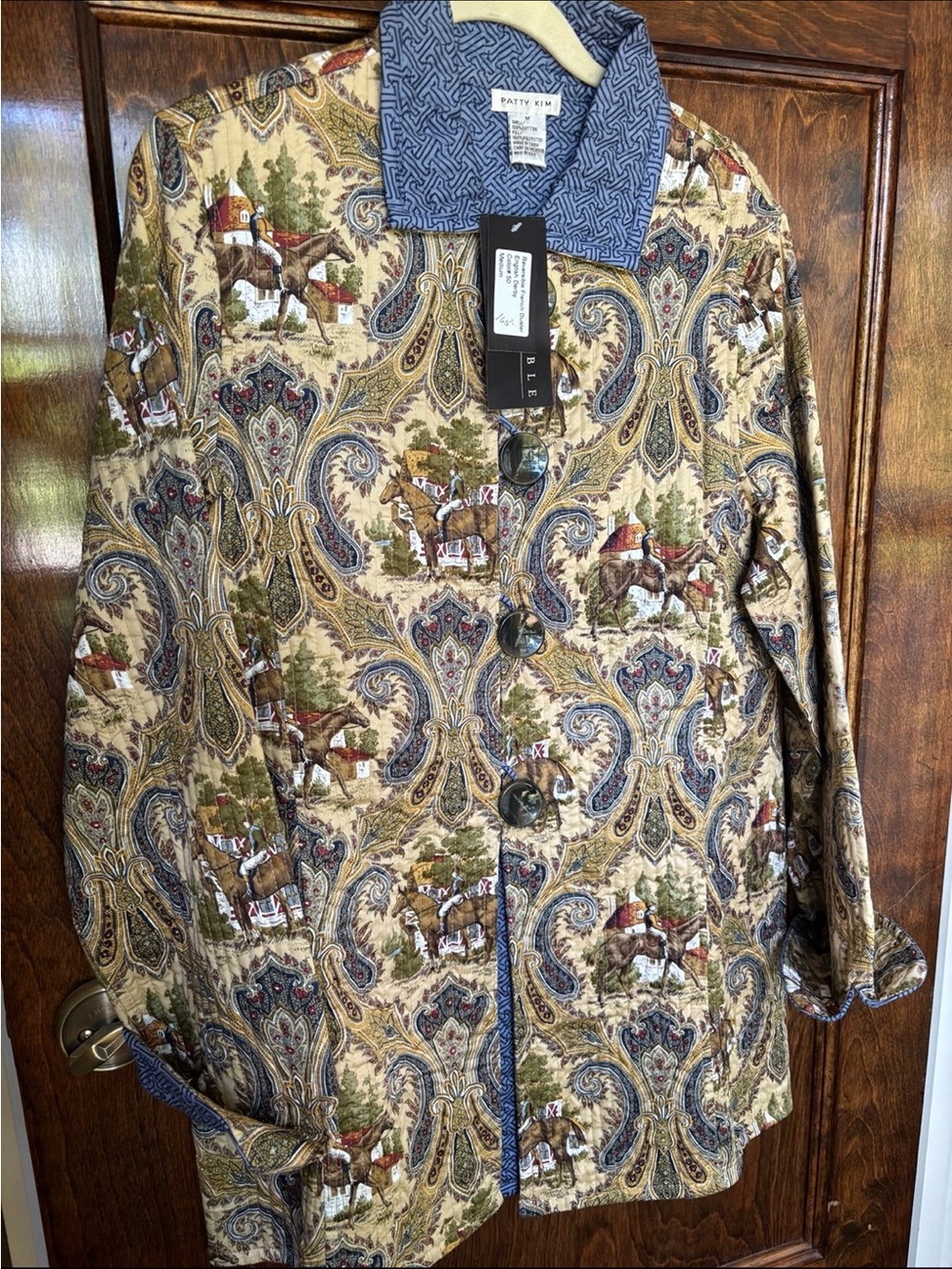 PATTY KIM Paisley & Equestrian Print Shirt Jacket in Blue and Tan NWT